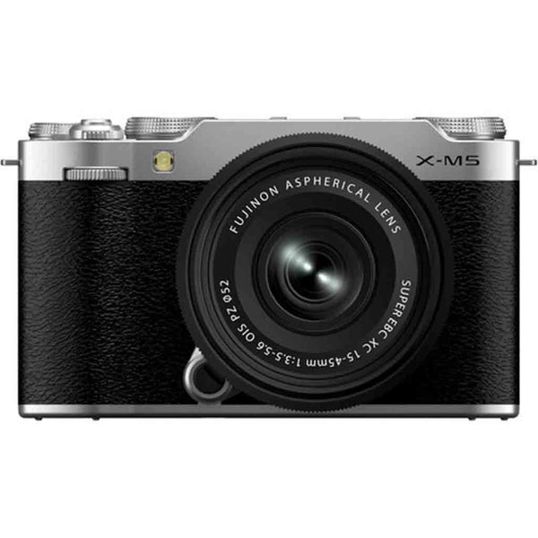 Front Side of the Fujifilm X-M5 with 15-45mm PZ Lens Kit Silver