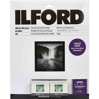 Packaging of the Ilford Multigrade RC Deluxe Paper and HP5 Plus Value Pack Pearl 8x10 25 Sheets 36 Exposures